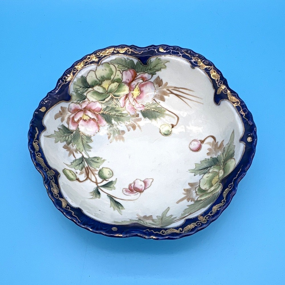 Antique Nippon Takitori Hand Painted Cobalt Blue Gold Gilt 9.5" Master Bowl T